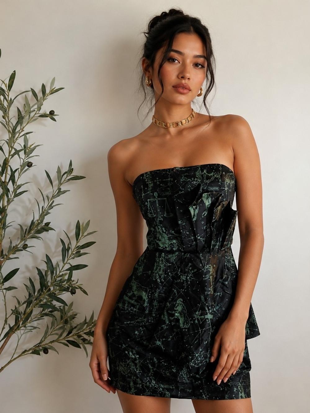 Affliction Strapless Black Dress with Green Constellation Print